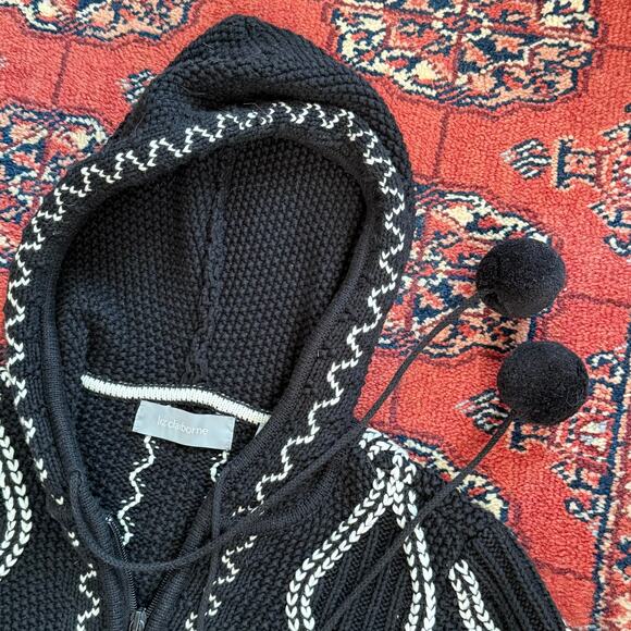 Liz Claiborne Black Cotton Zip Front Hooded Cardigan Sweater Pom Pom Drawstring - Picture 4 of 6